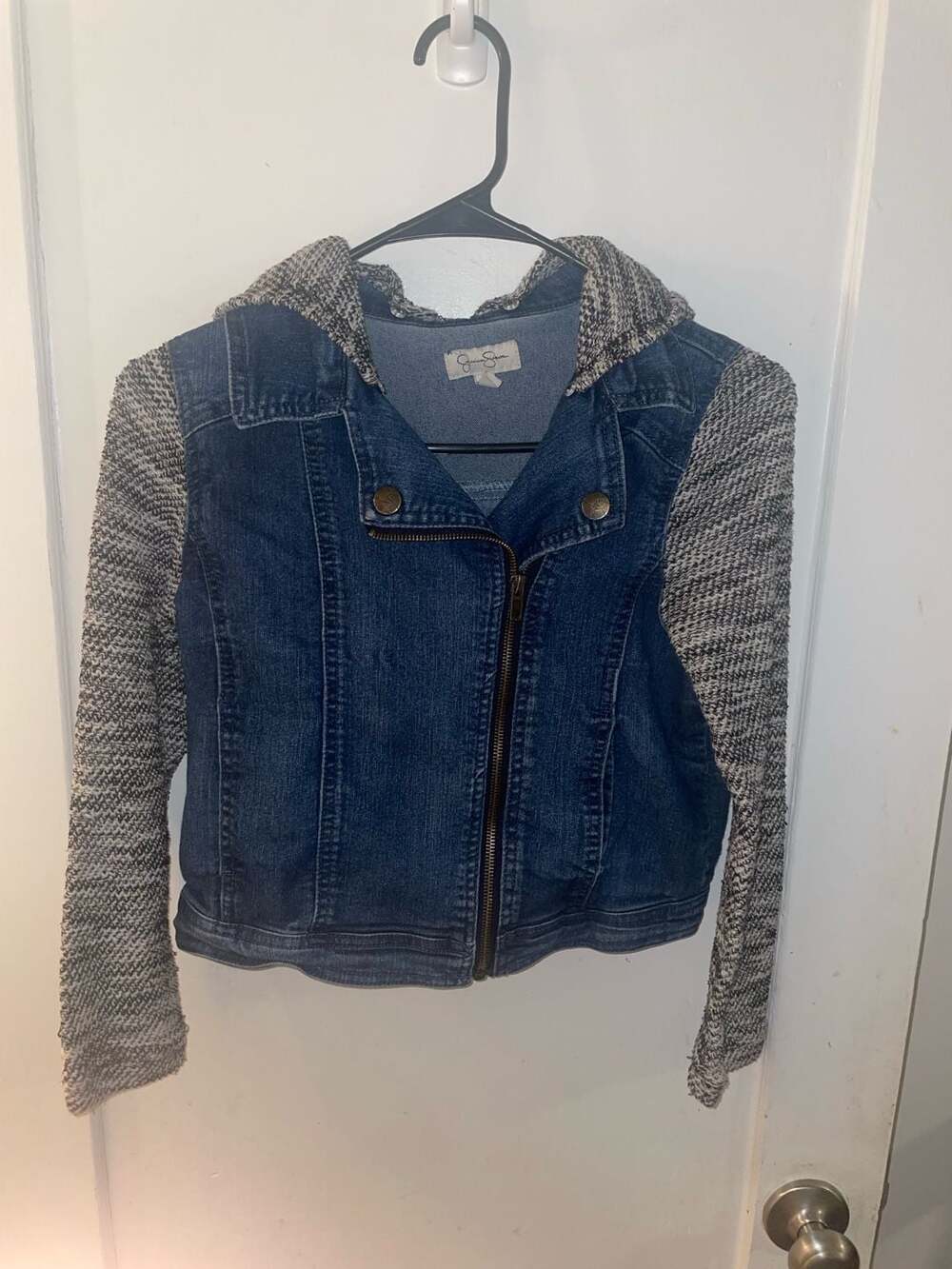Jessica Simpson Women's Size L Denim Moto Jacket with Knit Sleeves and Hood
